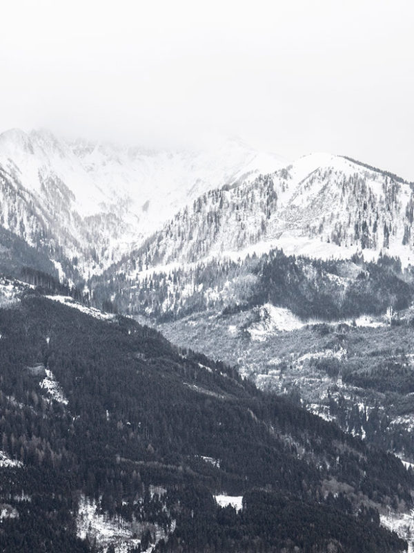 Snöiga berg med skog under dimmig himmel.