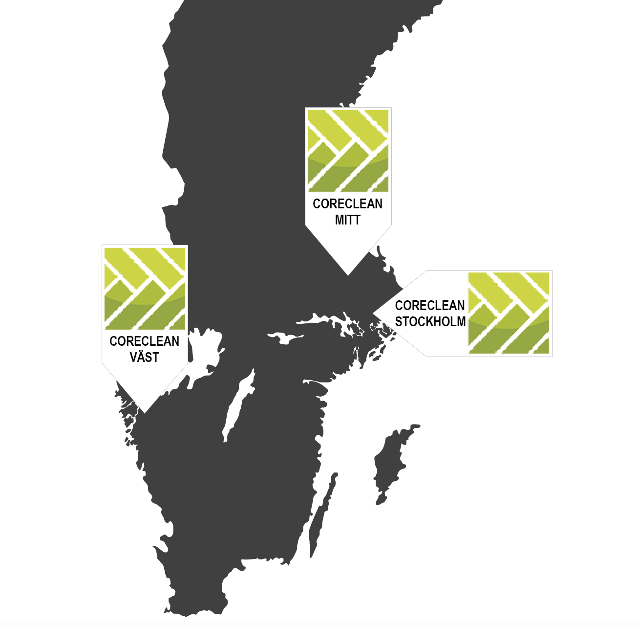 Illustration av Sverige med tre ikoner som pekar ut Corecleans positioner.